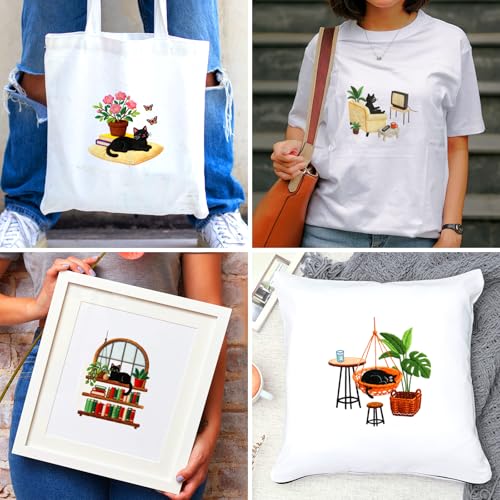 BEUNITONE 4 Set Embroidery Kit for Beginners, Daily Life of Cats Patterns Cross Stitch Kits, Needlepoint Kits for Adults with Hoop, Cute Hand Embroidery Patterns for Cloth and Home Decor