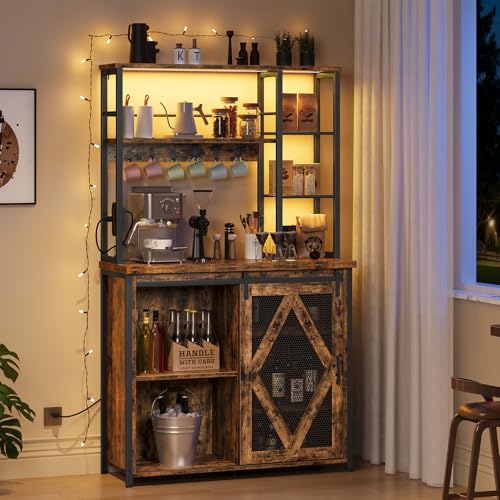 HOOBRO Bakers Rack with Power Outlet and LED Light, Microwave Stand with Sliding Barn Door, Coffee Bar Cabinet with 6-S Hooks, Kitchen Storage Shelf with Cabinet, Rustic Brown and Black BF23UDHB01