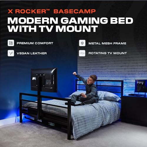 X Rocker Basecamp Full Size Gaming Bed, Rotating TV Mount with Vented Console Storage, Metal Mesh Frame with Slats, Amazon Exclusive, Black X Rocker