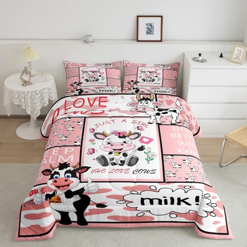 Feelyou Cow Bedding Set for Girls Boys Pink Milk Cow Comforter Set Cute Animal Comforter Room Decor Farmhouse Duvet Set Queen Size Quilt Boys Feelyou