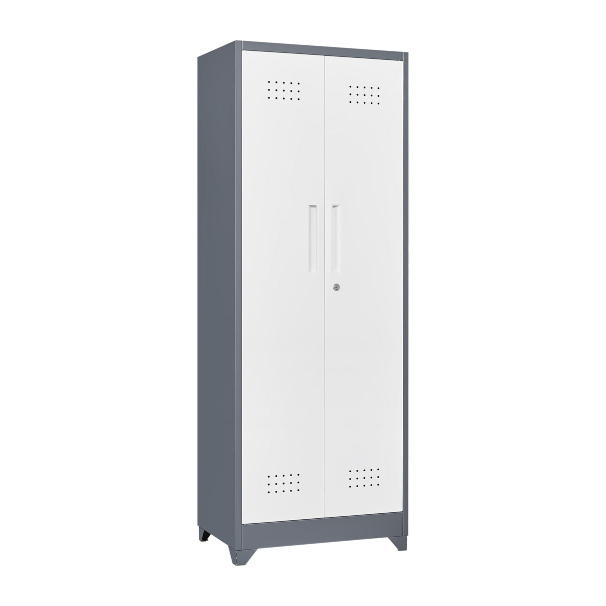 FLEXIMOUNTS 65'' Tall Metal Storage Cabinet with Locking Door, Large Cleaning Tool Organizer for Brooms, Garage, Laundry Room, Bathroom, Grey-White FLEXIMOUNTS