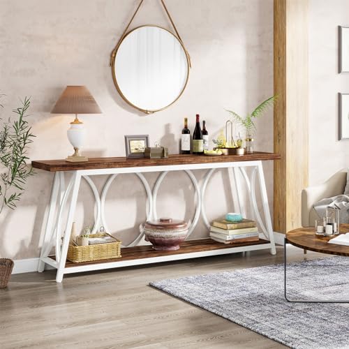 Tribesigns 70.9 inch Extra Long Console Table, Industrial Sofa Table Behind Couch with 2 Tier Storage Shelf, Narrow Entryway Hallway Accent Table for Living Room, White & Brown Tribesigns