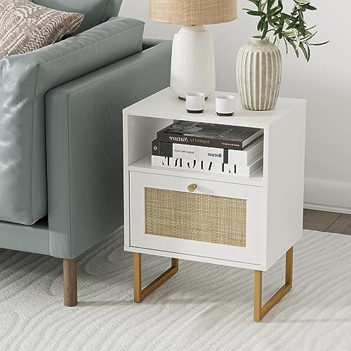 Masupu Rattan Nightstand,Modern Boho Farmhouse Wood Bedside Table with Storage Drawer and Open Shelf,Small Gold Frame Side End Table for Bedroom,Living Room,Office(White) Masupu
