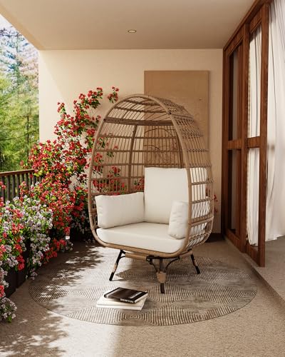 GarveeLife Oversize 360°Swivel Egg Chair Patio Rotating Rattan Egg Basket Lounge Chair, Wicker Egg-Shaped Chair w/Steel Frame Stand and 4 Cushions for Patio, Porch, Backyard, Living Room, Beige GarveeLife