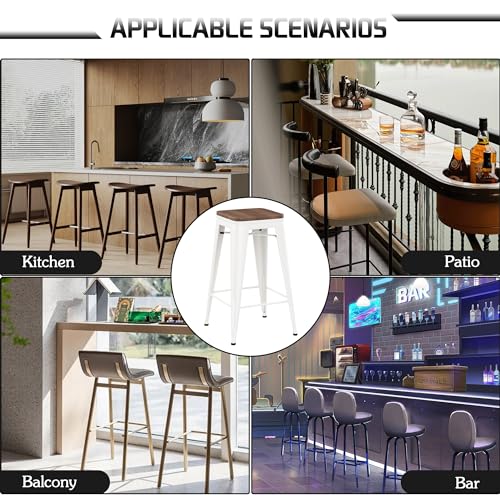 Alunaune 24" Metal Bar Stools Set of 4 Industrial Backless Counter Height Barstools Kitchen Patio Stool Stackable with Wooden Seat- White Alunaune