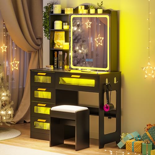 WOOVIVS Vanity Desk with Lights and Sliding Vanity Mirror, Makeup Vanity Desk with Charging Station, Vanities Dressing Table with Stool, LED Vanity Set with Large Drawers&Shelves for Bedroom, Black WOOVIVS