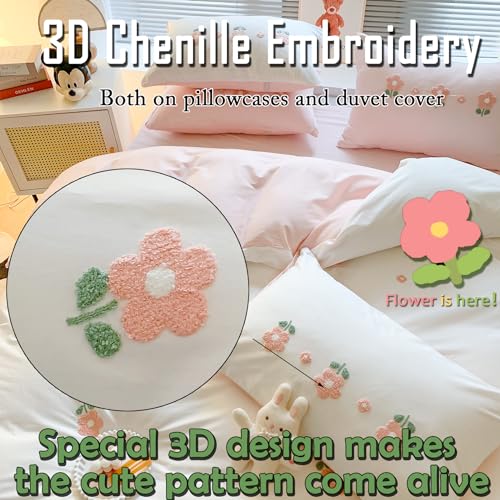MorroMorn Twin Duvet Cover Cotton, 3D Embroidery Twin Bedding Sets, Cute Chenille Embroidered Comforter Covers Summer Blanket Soft Dry Sweat-Absorb for Girls Kids Teen (Flowers White, Twin/Twin XL) MorroMorn