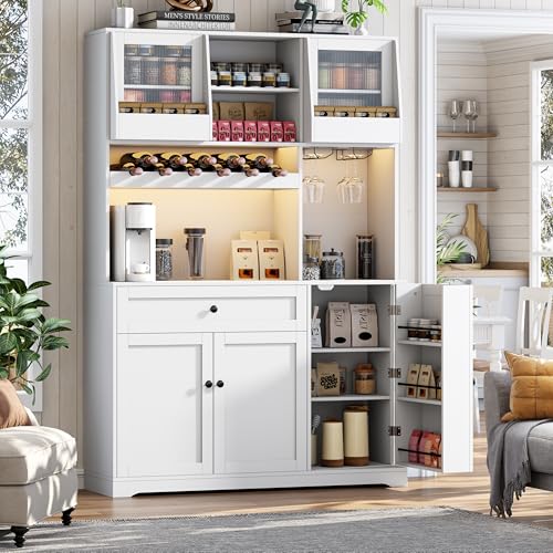Gyfimoie 71" Pantry Cabinet with LED Light & Outlet, Kitchen Hutch Storage Cabinet with 6 Adjustable Shelves and 3 Hanging Rack Shelves,Food Pantry for Kitchen, Dining Room or Living Room, White Gyfimoie