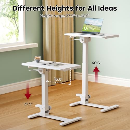 JYLH JOYSEEKER Foldable Mobile Standing Desk, 27 Inch Small Rolling Laptop Cart Height Adjustment, 90° Tiltable Bedside Table, No Assembly Needed Portable Computer Workstation, White JYLH JOYSEEKER