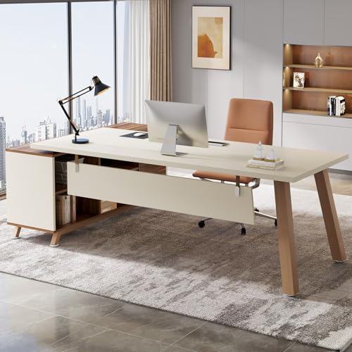 Tribesigns 78.7-Inch Executive Desk, L-Shaped Desk with 55-Inch Cabinet, Large Office Desk with Storage Shelves, Modern Computer Desk for Home Office, White & Walnut Tribesigns