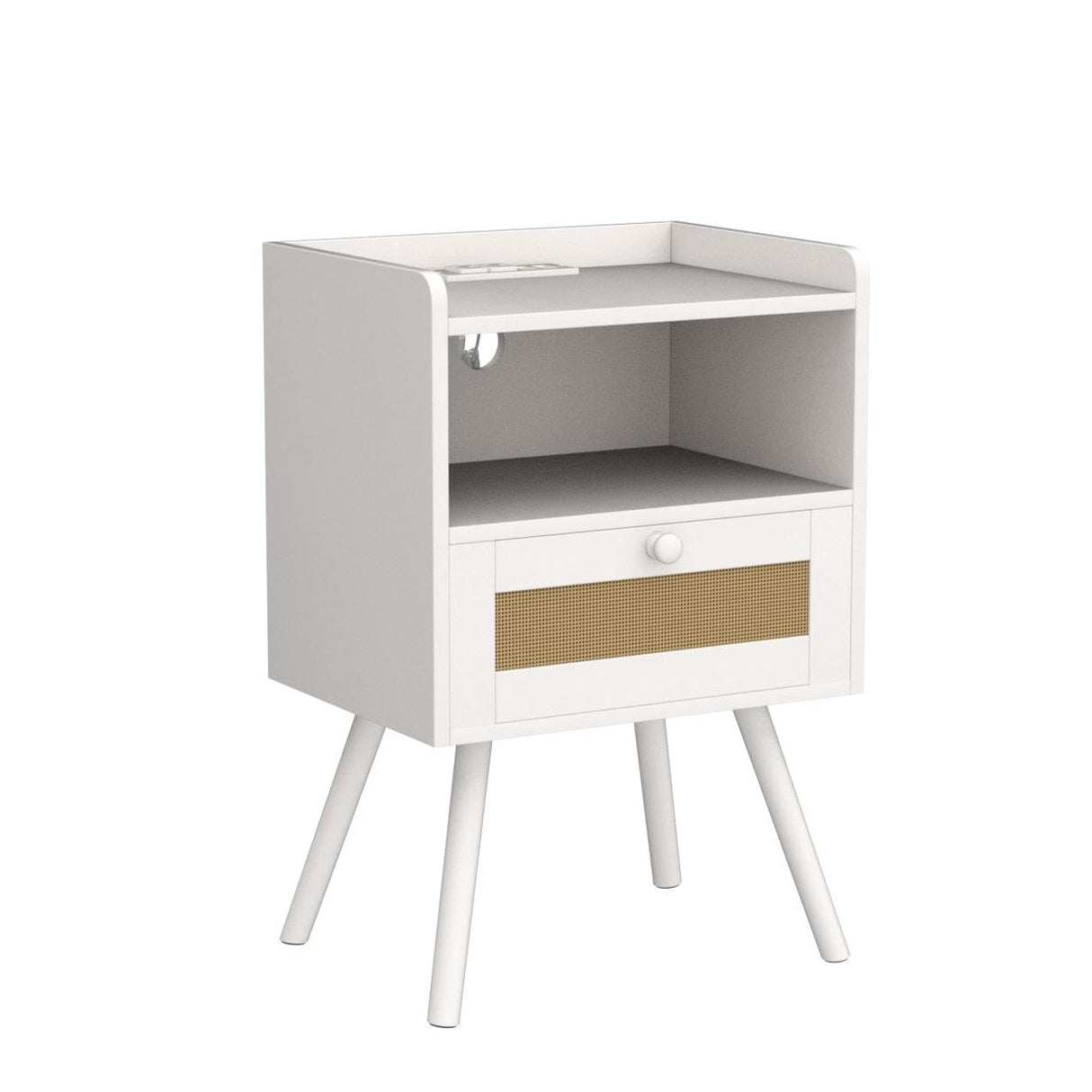 SUPERJARE Nightstands with Charging Station, Bedside Table Set of 2 with PE Rattan Drawers, Rattan Side Table with Storage & Solid Wood Feet, End Table for Bedroom, White SUPERJARE