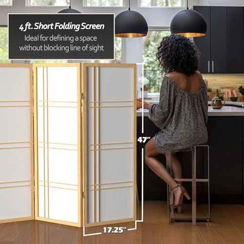 4 ft. Short Double Cross Shoji Screen - Natural - 3 Panels Red Lantern