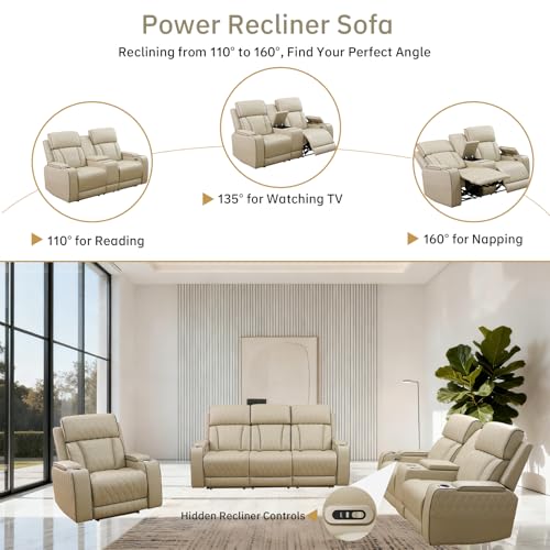 Saxum Tegmen Living Room Furniture Sets, Power Recliner Sectional Sofa with LED Lights, Leather Couch Set, Reclining Sofa for Living Room, Home Theater,and Office (3PCS Set, Beige)