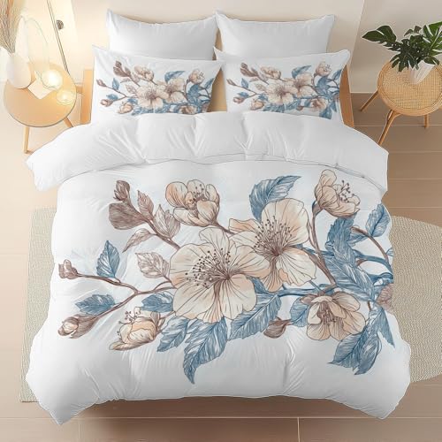White 3 Piece Duvet Cover Set, 1 Printed Zipper Closure Duvet Cover with 2 Pillow Shams, Ultra Soft Brushed Microfiber Single with Minimalist Flowers Watercolor Generic