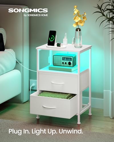 SONGMICS BELLAH Collection - Nightstand with Charging Station and App-Controlled Adjustable LED Lights, Bed Side Table, 2 Drawer and 1 Open Shelf, Bedroom, Cloud White and Snow White ULGS302WH01S SONGMICS
