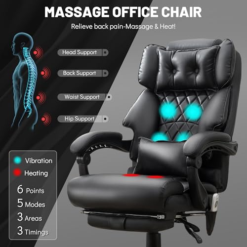 Massage Office Chair with Foot Rest,6 Points Vibration & Heat Executive Office Chairs,Big and Tall Leather Office Chair 500LBS,Ergonomic Desk Chair for Heavy People,Recliner with Dual-Use Pillow,Black BLISNEST