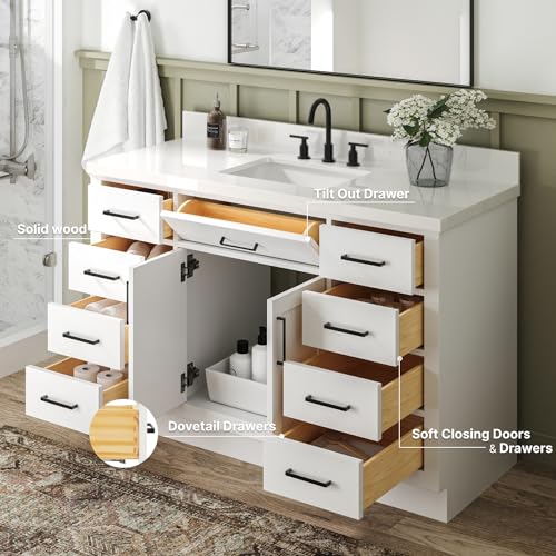 ARIEL Hepburn 55" White Bathroom Vanity with Sink, 1.5" Edge Pure White Quartz Countertop & Splash, Rectangular Sink, 2 Soft Closing Doors, 8 Full Extension Dovetail & 1 45-Degree Tilt Drawers ARIEL