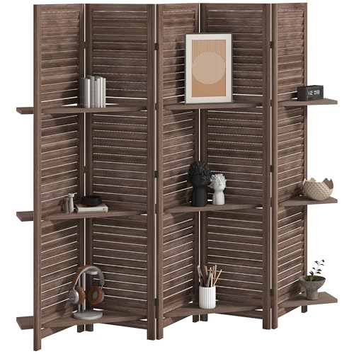 HOMCOM Room Divider, 5 Panel 67" Tall Wood Privacy Screen with 3 Display Shelves, and Folding Storage for Bedroom or Home Office, Walnut HOMCOM
