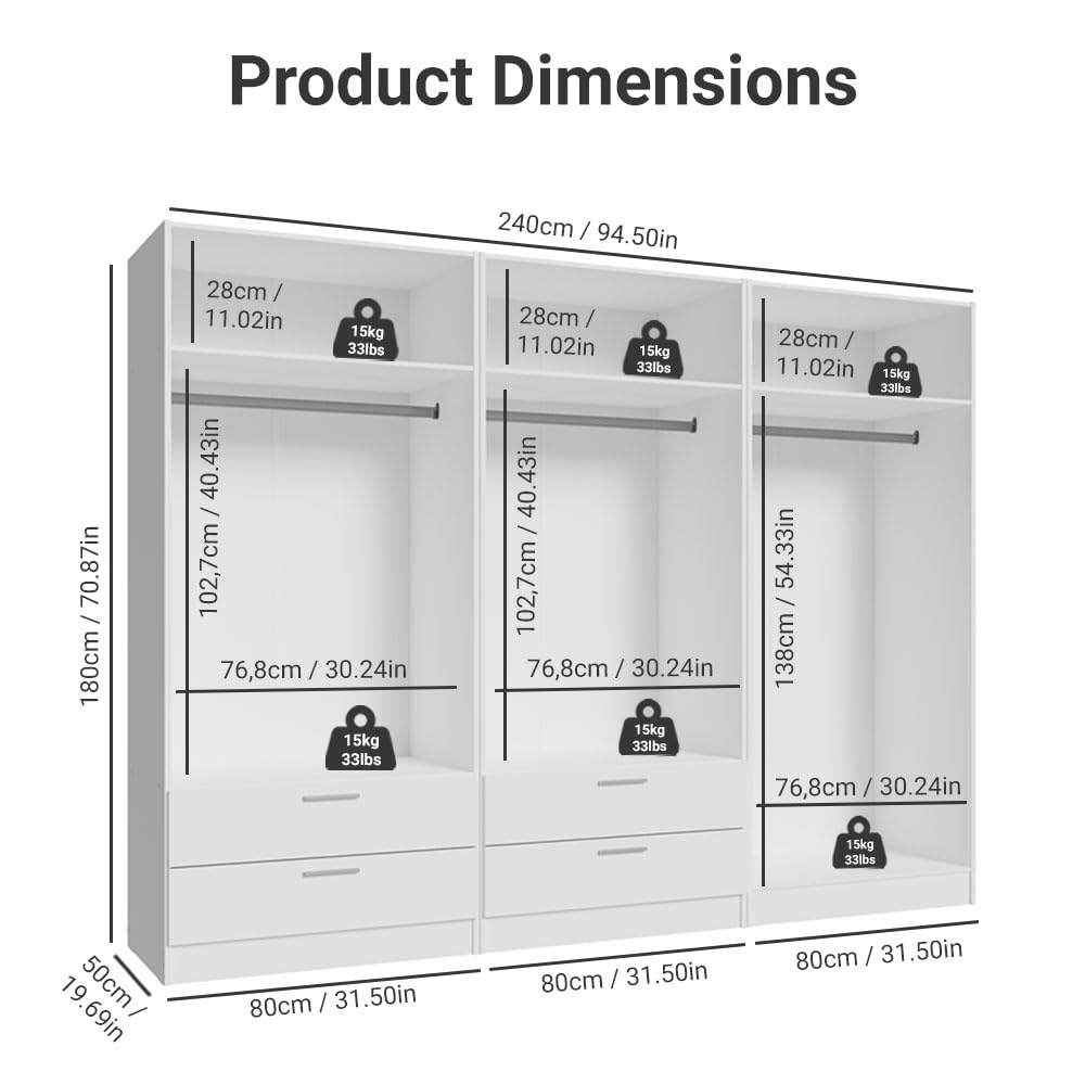 Madesa 6 Doors 4 Drawers Wardrobe Set Armoire Closet Bedroom Storage Cabinet with Shelves and Hanging Space 94" L Wooden Clothing Organizer Unit (White) Madesa