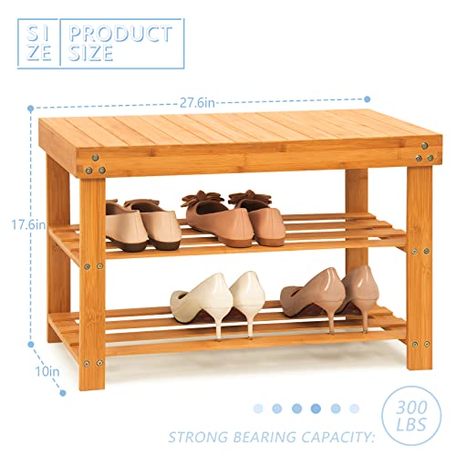 JMLHMXC Bamboo Shoe Rack Bench, 27.5'L*11'W*11.6'H Extended Edition 3-Tier Rack for entryway,Wooden Shelf Organizer Holds up to 220 lbs Ideal for Hallway Bathroom Living Room Mudroom JMLHMXC