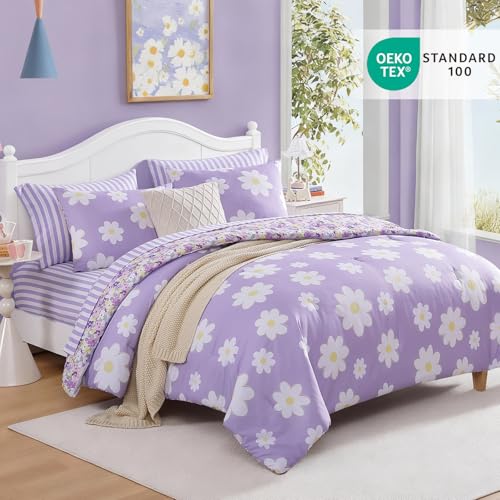 AMBERSPACE Twin XL Comforter Set for Girls, Purple Daisy Kids Bedding Set Reversible with Cute Floral, All Season Bed in a Bag Dorm 5 Pieces with Sheets, Pillowcase & Sham AMBERSPACE