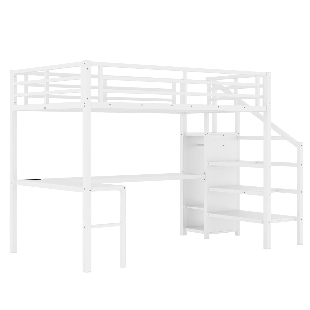Bellemave Full Size Metal Loft Bed with L Shaped Desk and Wardrobe, Heavy Duty Loft Bed Frame with Storage Stairs, LED Loft Bed Frame with Charging Station & Safety Guardrails, White Bellemave