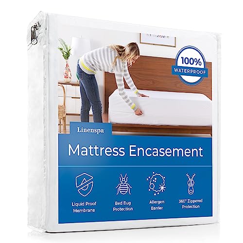 Linenspa Zippered Mattress Encasement – Queen Size Waterproof Mattress Protector – Quiet Cover & Complete protection – Dorm Room Essentials, White Linenspa