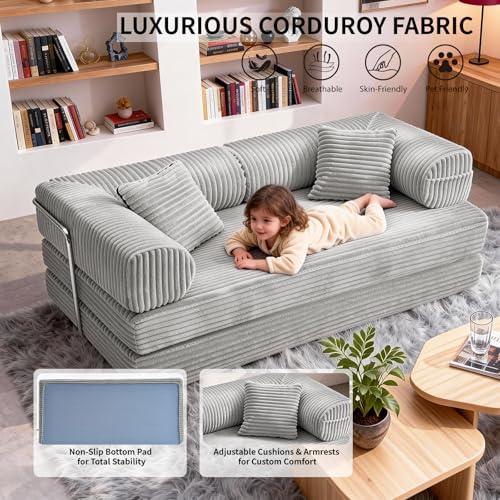 TuckMoMo 76.77 Inch Convertible Sofa Bed, Modern Corduroy Futon Boneless Couches Lounge Loveseat with Side Storage Pocket, Pull Out Sofa Bed for Living Room, Bedroom, No Assembly Required, Grey TuckMoMo