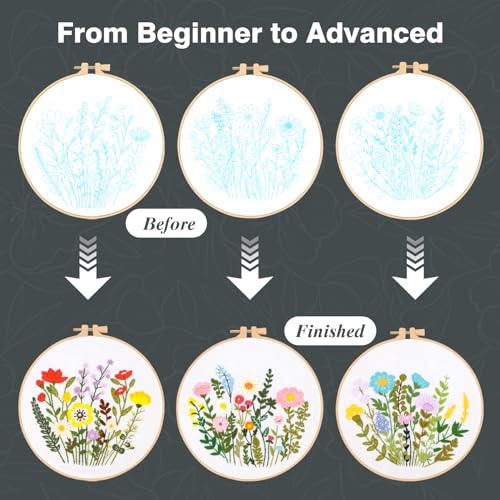 RIHYTFU 3 Pack Flower Embroidery Kits for Beginners, Adults Starter Cross Stitch Kit, DIY Sewing Needlepoint, Floral Plants Patterns Hand Stamped Embroidery Kits