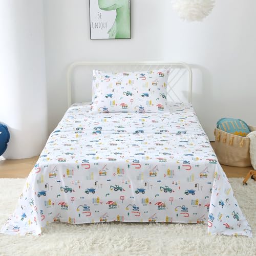 FEKOHIPY Kids Sheet Set Excavator Twin Size Bedsheet for Boys, 3PCS Digger Vehicle Printed Microfiber Soft Breathable Children Bedding Easy-Fit 14 Inch Deep Pocket FEKOHIPY