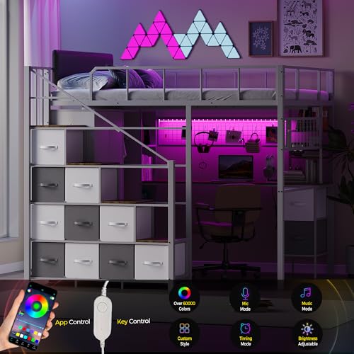 Kikihouse Full Size Loft Bed with Desk, Stairs & LED Light, Metal Gaming Loft Bed Frame with Headboard, Safety Guardrails, Charging Station, Closet and 12 Fabric Drawers, Space Saving, White and Oak Kikihouse