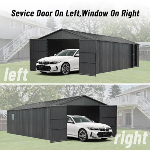 Domi 12x25FT Heavy Duty Outdoor Metal Garage Shed & Carport – Extra Large Lockable Double Door Storage Shelter for Cars, Trucks, Motorcycles, Lawn Equipment (Dark Grey) domi outdoor living
