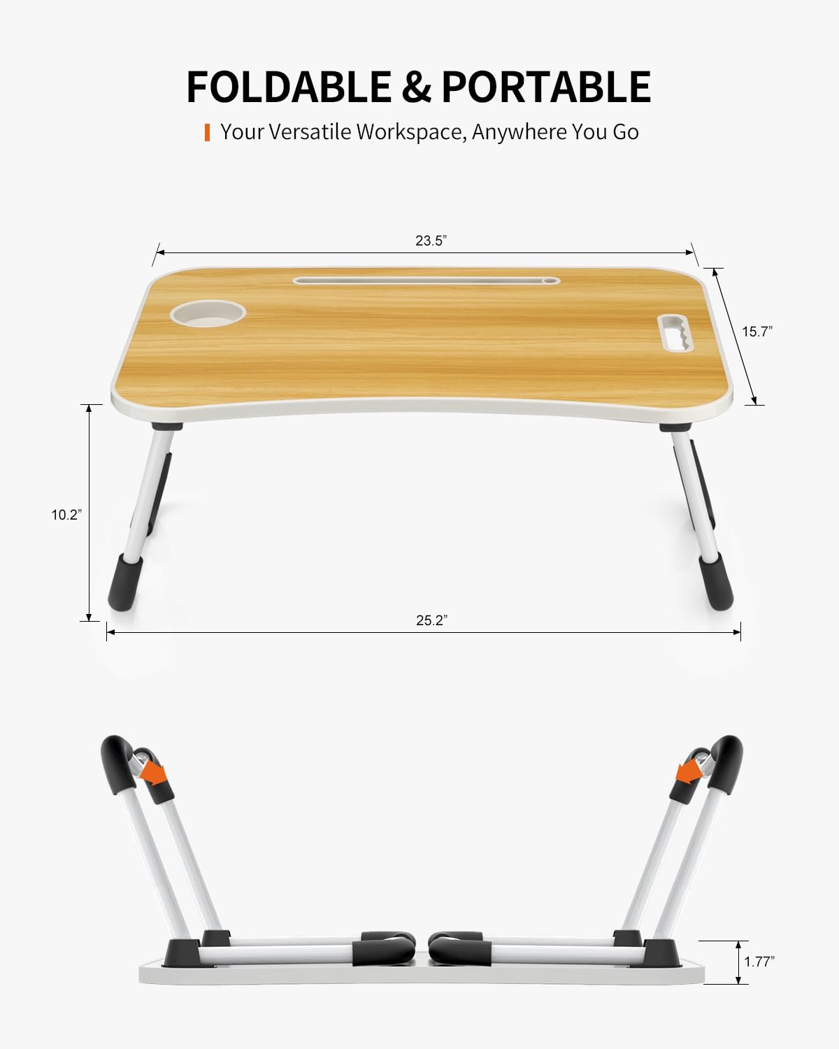 FISYOD Foldable Laptop Table, Portable Lap Desk Bed Table Tray, Laptop Stand with Cup Holder & Tablet Slot & Lifting Handle for Working Writing Drawing & Eating (Wood) FISYOD