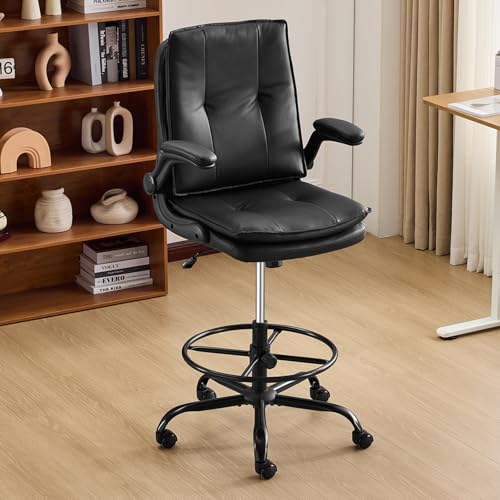 Karl home Drafting Chair Height Adjustable for Standing Desk, PU Upholstered Tall Office Swivel Desk Chair with Flip-Up Armrests, Ergonomic Lumbar Support, Adjustable Foot Ring, Black Karl home