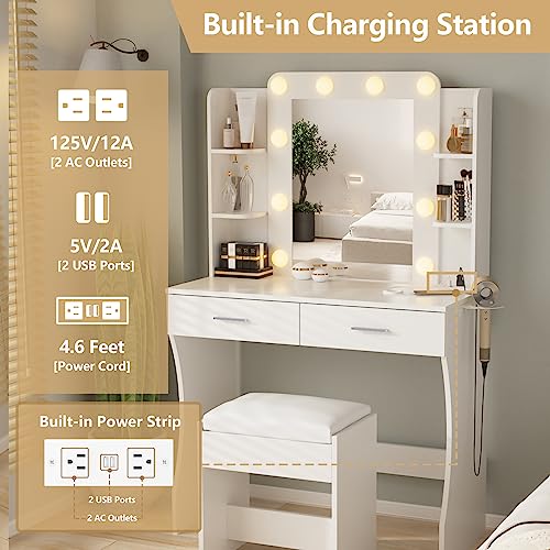 Vanity Desk with Lights,Makeup Vanity with Power Strip,Dressing Table Set with 2 Large Drawers,Vanity Mirror 3 Lighting Color Adjustable,White Vabches