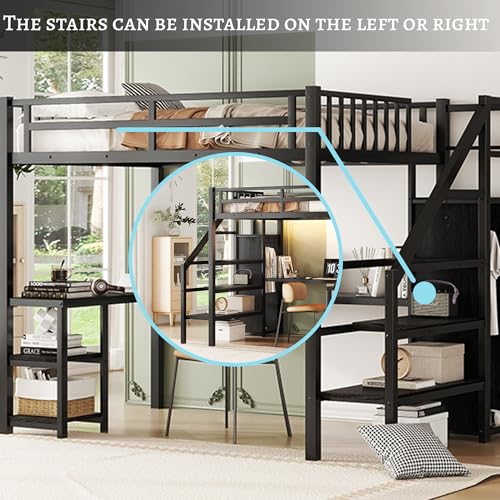 Full Size Loft Bed with Desk and Stairs Metal Full Loft Bed with Storage Wardrobe and Charging Station Adult Loft Bed with LED Lights and Adjustable Shelf for Kids Teens, Black Mirightone