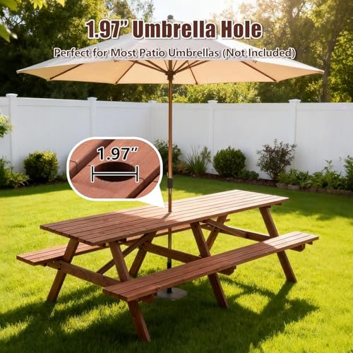 Jaxilyn Outdoor Wooden Picnic Tables 10-12 Person with Benches for Patio Garden Backyard Large Outside Dining Table Set with Umbrella Hole Jaxilyn