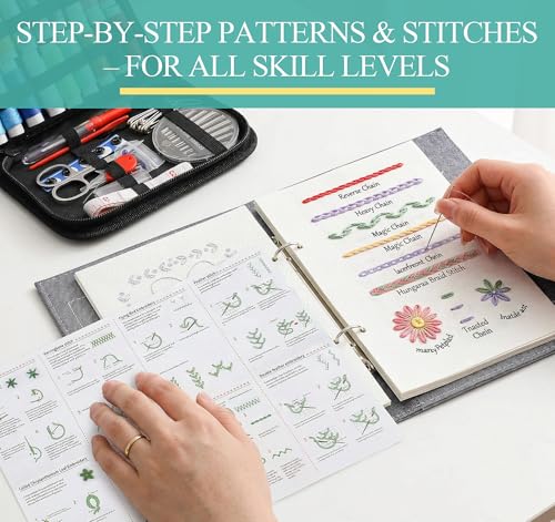 ilauke Upgraded Embroidery Stitch Book Loose-Leaf 7x8 inch, Embroidery Kit for Beginner Adults 106 Patterns, DIY Sewing Books Kit with Supplies & Tutorials, Easy to Practice