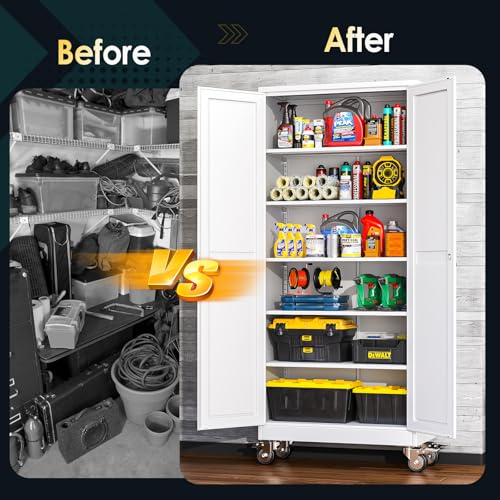 PAOFIN 75''H Metal Garage Storage Cabinet with Wheels,Steel File Cabinets with 2 Doors and 5 Adjustable Shelves for Home Office, Warehouse, Required Assembly,White PAOFIN