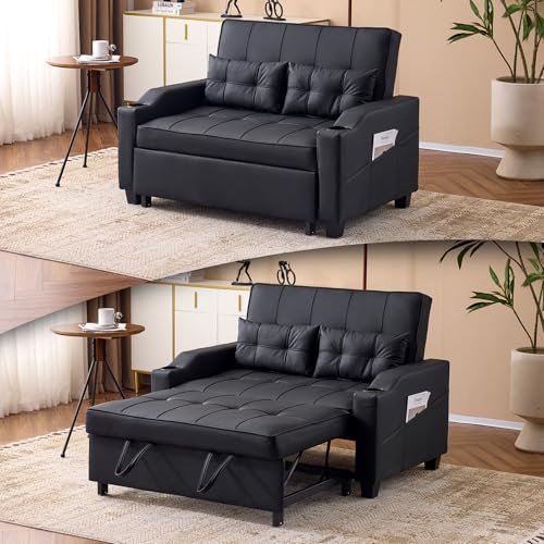 VINGLI Convertible Loveseat Sleeper, Black Faux Leather Futon Sofa Bed Pullout Couch Bed with USB Ports, Cup Holders, Armrest for Living Room, Bedroom, Home Office Apartment VINGLI