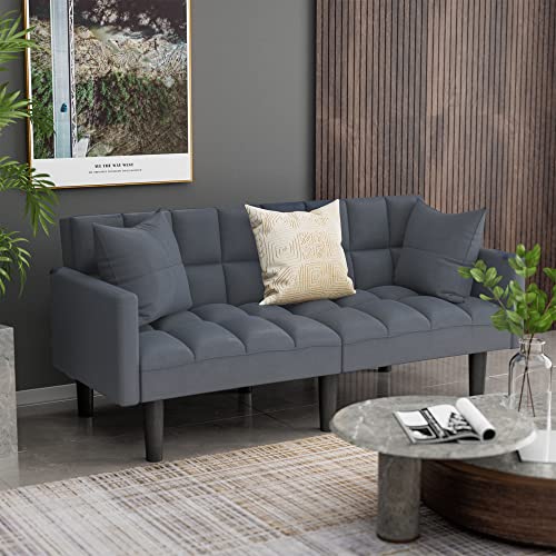 JUMMICO Modern Tuft Futon Sofa Bed Couch Convertible Loveseat Sleeper Reclining Futon Twin Size with Arms and 2 Pillows for Living Room (Blue) JUMMICO