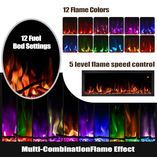 Tuan 60 Inch Electric Fireplace, APP Remote Control Compatible, Wall Mount or in Wall Recessed Fireplace Insert, Color Changing Flames& Embers, Indoor Fireplaces TUAN
