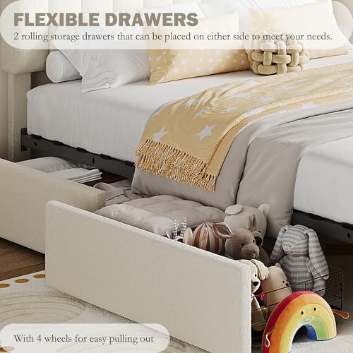 IDEALHOUSE Twin Bed Frame for Kids, Boucle Upholstered Platform Bed for Boys/Girls with 2 Flexible Drawers, Bookcase Headboard, Noise-Free, Easy Assembly, No Box Spring Needed, Beige IDEALHOUSE