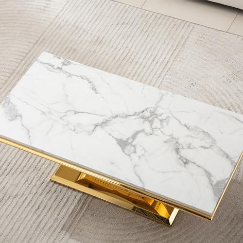 Henf 47" Marble Coffee Table Modern White Faux Marble Center Table with U-Shape Gold Mirrored Base Luxury Rectangular Accent Sofa Table Cocktail Table for Living Room Apartment Henf