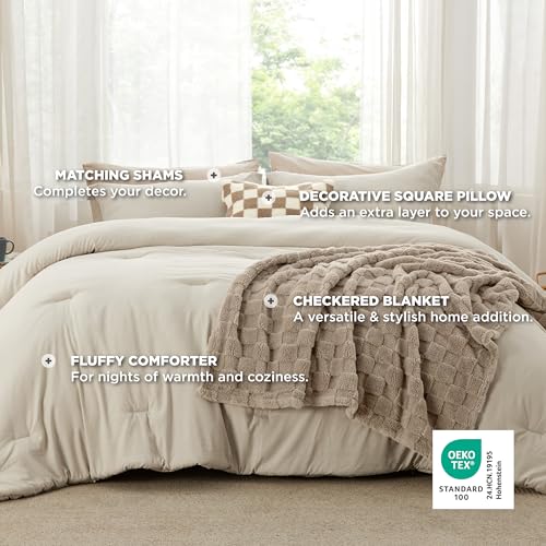 Bedsure Comforter Queen Size 5 Pieces - Queen Size Comforter Set with Checkered Throw Blanket and Decorative Pillow, Lightweiget Bedding, All Season Bedding Sets, Linen Beige Bedsure