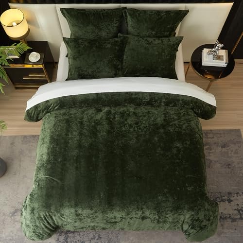 Ivellow Crushed Velvet Comforter Set Queen Green Comforter Set 5pcs Ultra Soft Lightweight Breathable Bedding Set Luxury Cozy Flannel Comforter Queen Size (1 Comforter,2 Pillow Shams, 2 Euro Shams Ivellow
