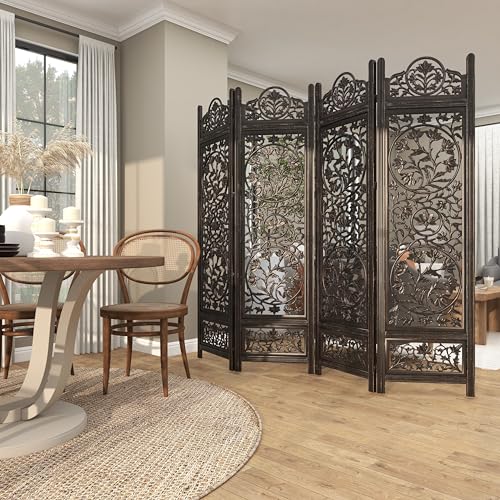 Deco 79 Wood Floral Handmade Partition Room Divider Screen Foldable Partition Carved 4 Panel Privacy Screen, Room Partition 80" x 1" x 72", Black Deco 79