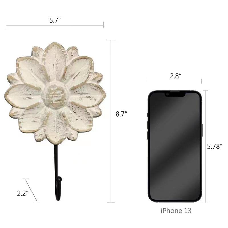 dwellington Decorative Boho Flower Towel Hooks, White Distressed Wood Hanging Hooks, Farmhouse Boho Coat Rack Hooks for Hanging Things, Towels, Purse dwellington