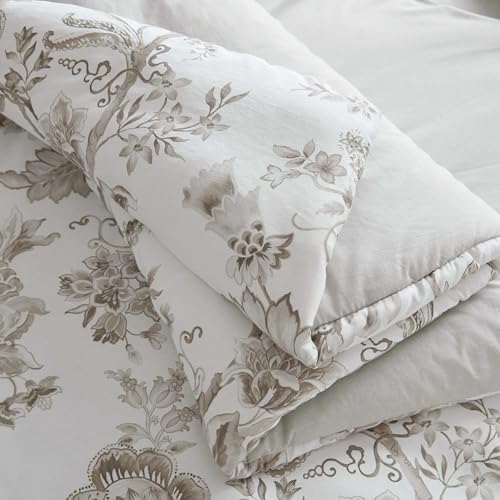 Martha Stewart - Queen Comforter Set, Smooth Sateen Front with Subtle Sheen & Lightweight Cotton Percale Reverse, 3 Piece Bed Set with Matching Pillowcases (Avery Floral Grey) Martha Stewart