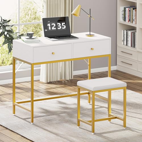 SUPERJARE 35.4" White and Gold Desk with 2 Drawers, Modern Makeup Vanity Desk with Padded Stool, Small Computer Desk Home Office Desk for Writing Study Bedroom SUPERJARE